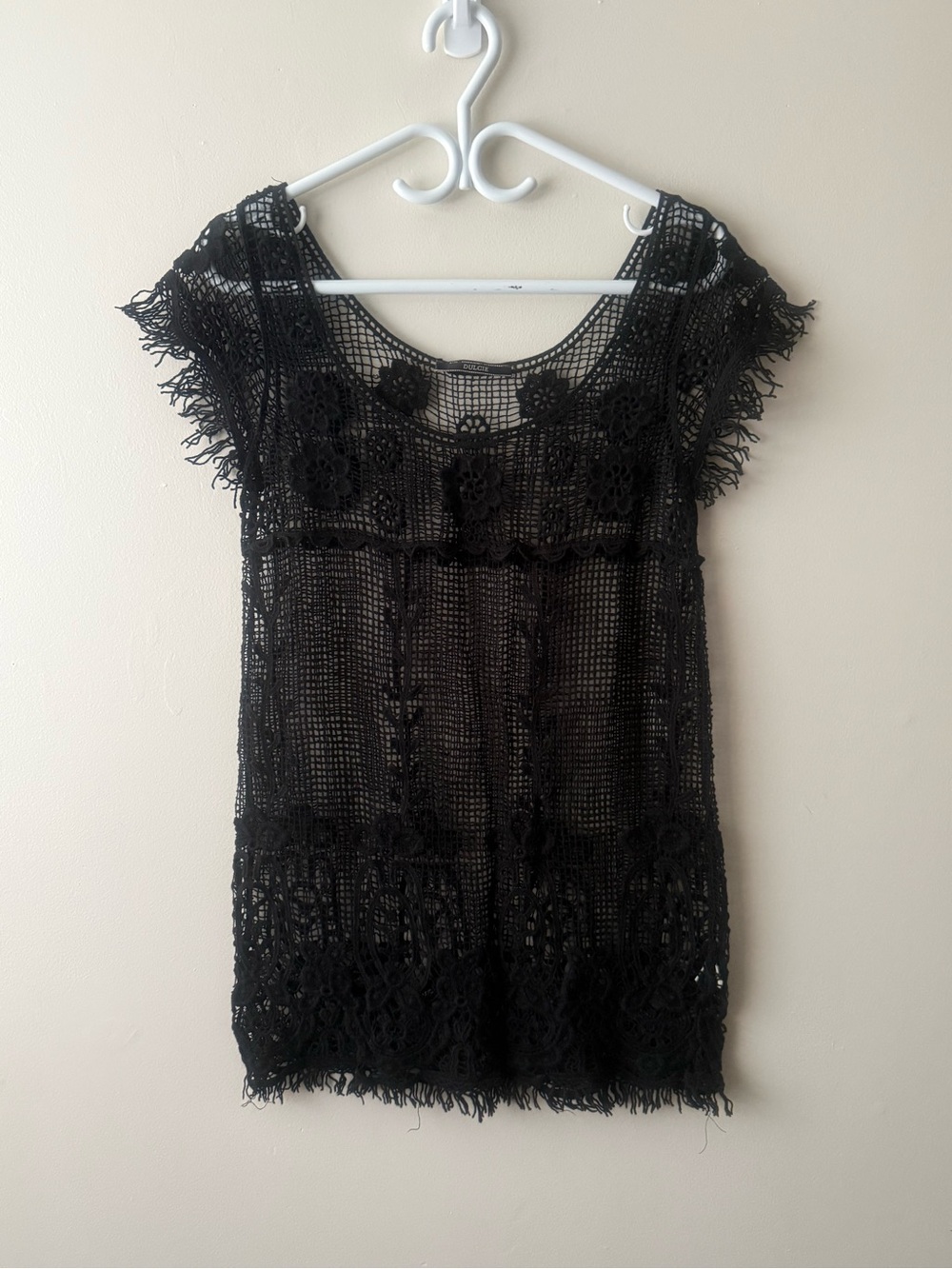 Black Crochet Lace Cap Sleeve Top - Brand Not Visible